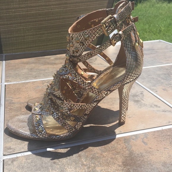 Guess Shoes - GUESS LAIDEA STUDDED HIGH-HEEL SHINY GOLD SANDAL